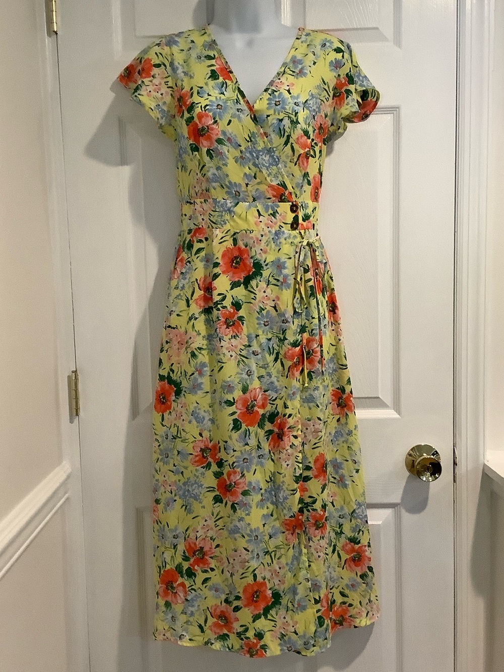 SIENNA SKY Floral Cap Sleeve Faux Wrap Summer Wedding Guest Cottagecore Dress S